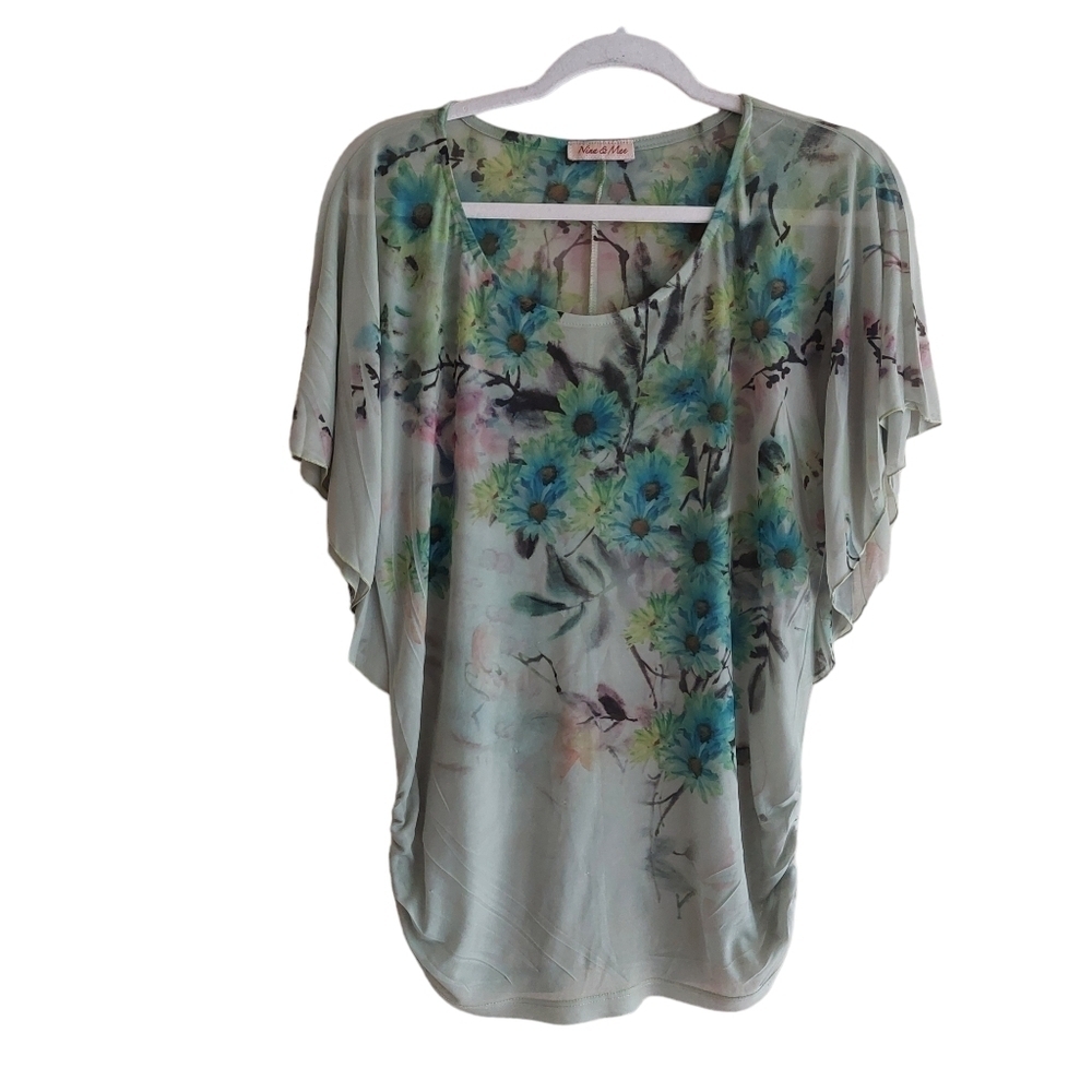 Nina & Mee Short Sleeve Floral Print Sheer Casual Tunic